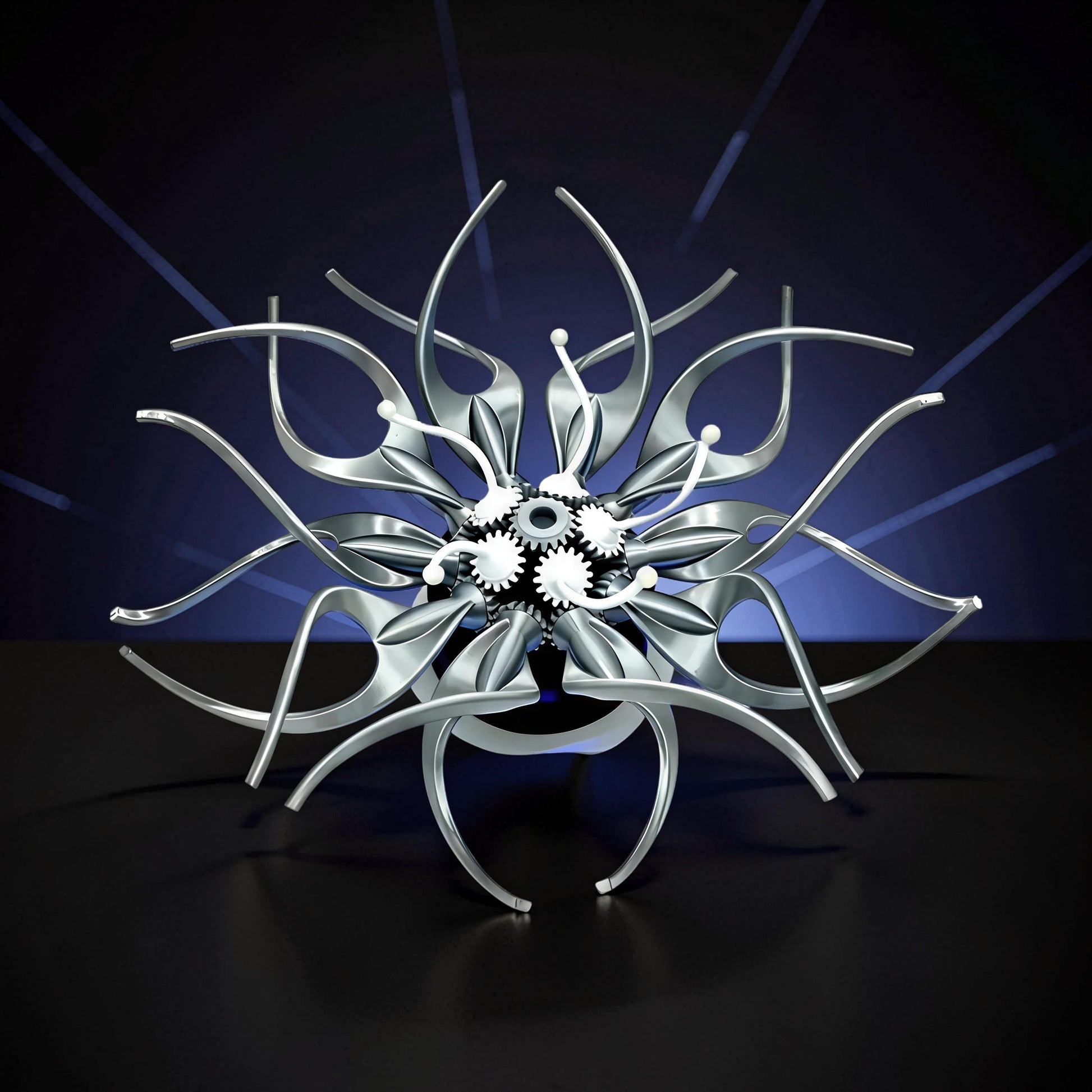 The Curious Mind Mechanical Kinetic Flowers Sculpture Gallery Edition, silver PLA, intricate gears and petals, desktop display.