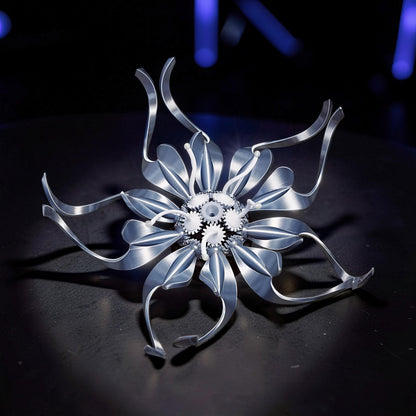 The Curious Mind Mechanical Kinetic Flowers Sculpture Gallery Edition, silver PLA, intricate gears, desktop art.