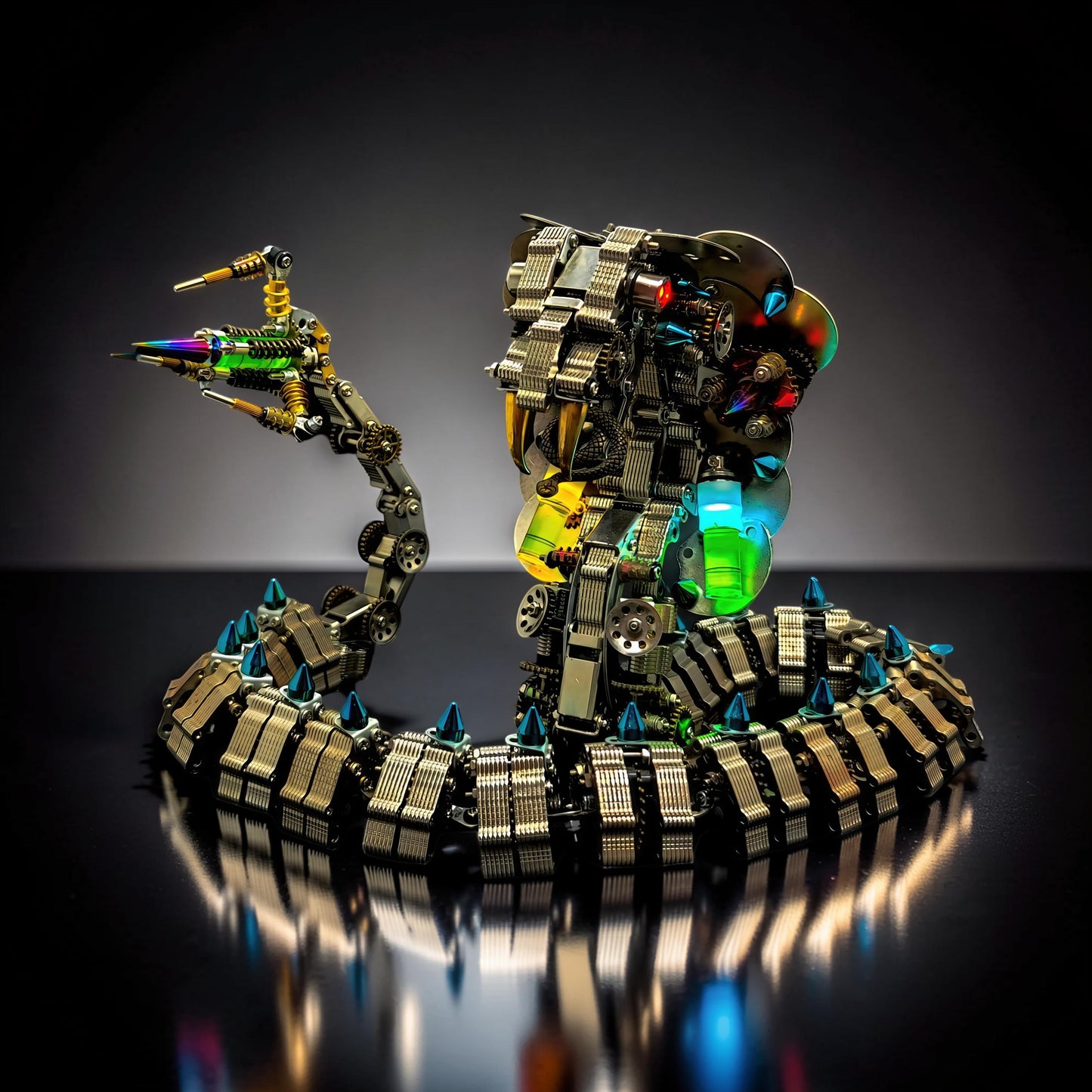 The Curious Mind King Cobra 3D metal model kit, intricate steampunk design with metallic gears, colorful lights, and sharp blue spikes.