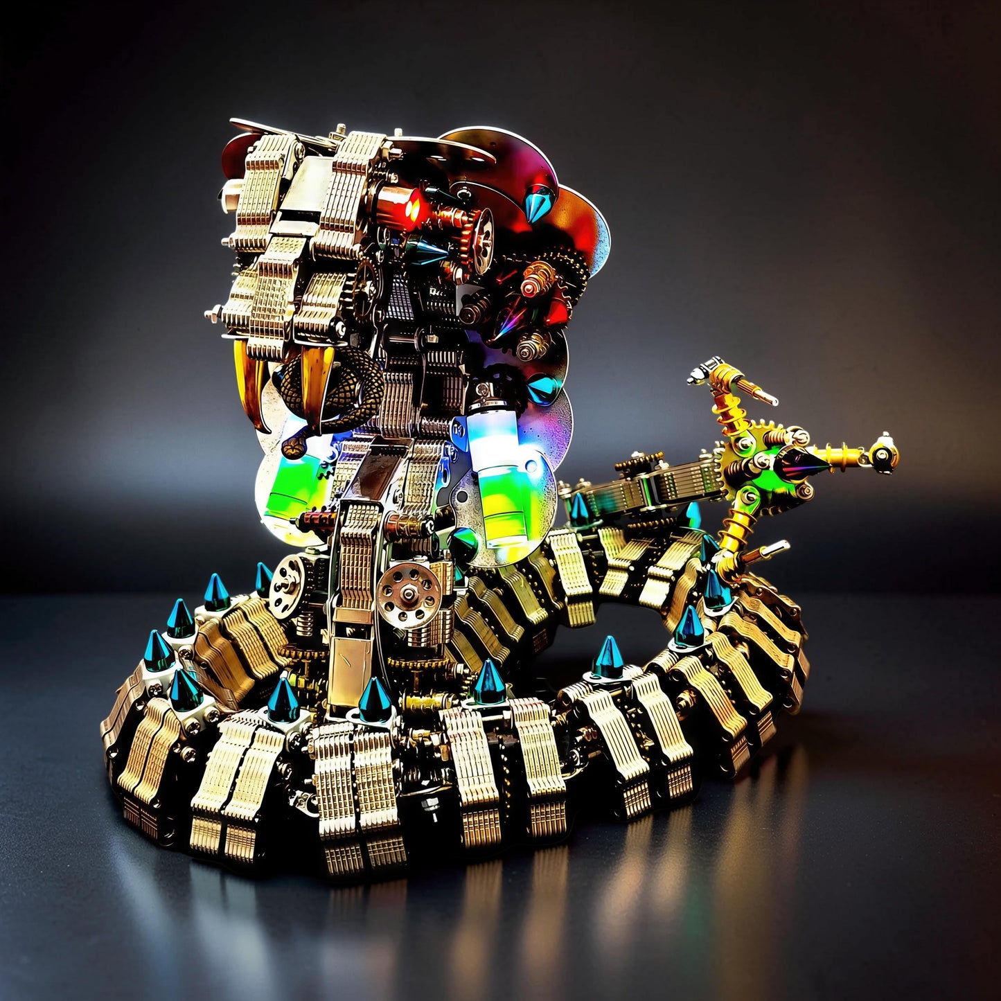 The Curious Mind King Cobra 3D metal model kit, intricate steampunk design with gears, bolts, and iridescent accents.