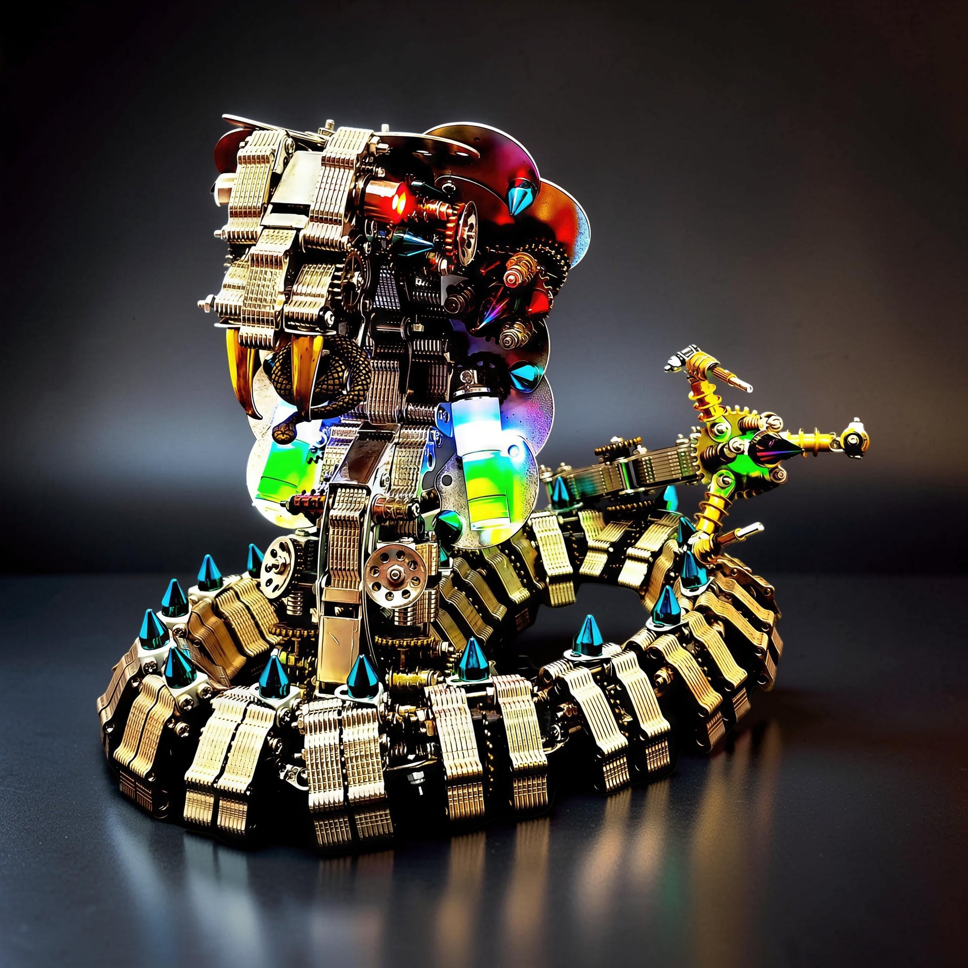 The Curious Mind King Cobra 3D metal model kit, intricate steampunk design with gears, bolts, and iridescent accents.
