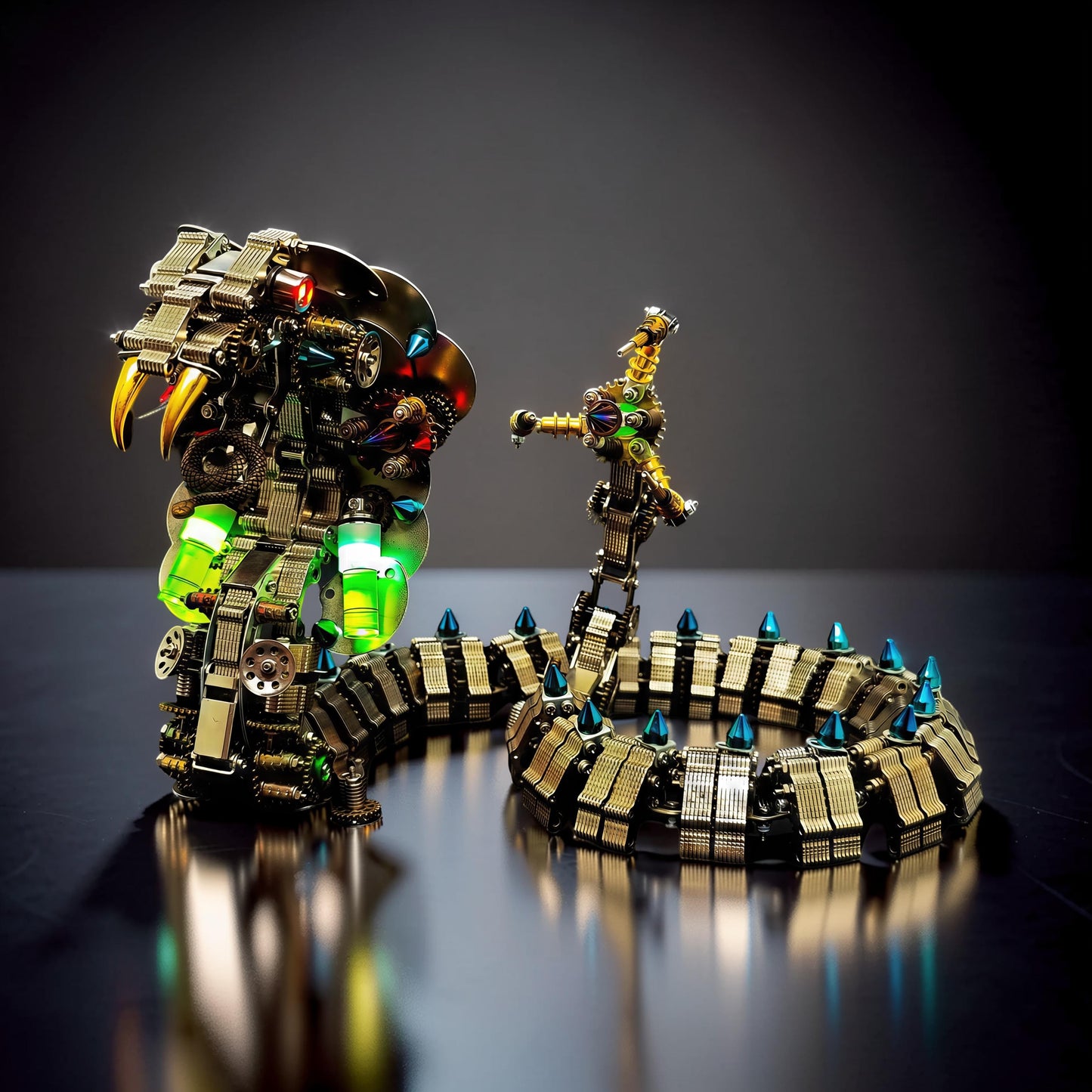 The Curious Mind King Cobra 3D metal model kit, a mechanical snake with gold fangs, green glowing accents, and blue spikes along its segmented body.