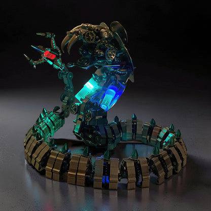 The Curious Mind King Cobra premium 3D metal model kit, a mechanical serpent with intricate gears, glowing blue and green lights, and sharp fangs.