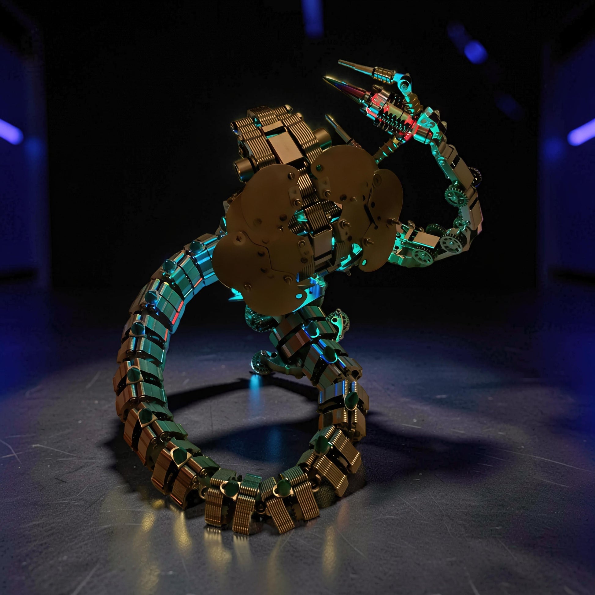 The Curious Mind King Cobra 3D metal model kit, a mechanical scorpion with intricate gears and segmented tail, illuminated by green and blue lights.