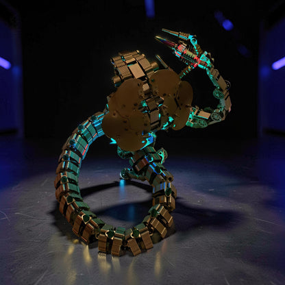 The Curious Mind King Cobra 3D metal model kit, a mechanical scorpion with intricate gears and segmented tail, illuminated by green and blue lights.