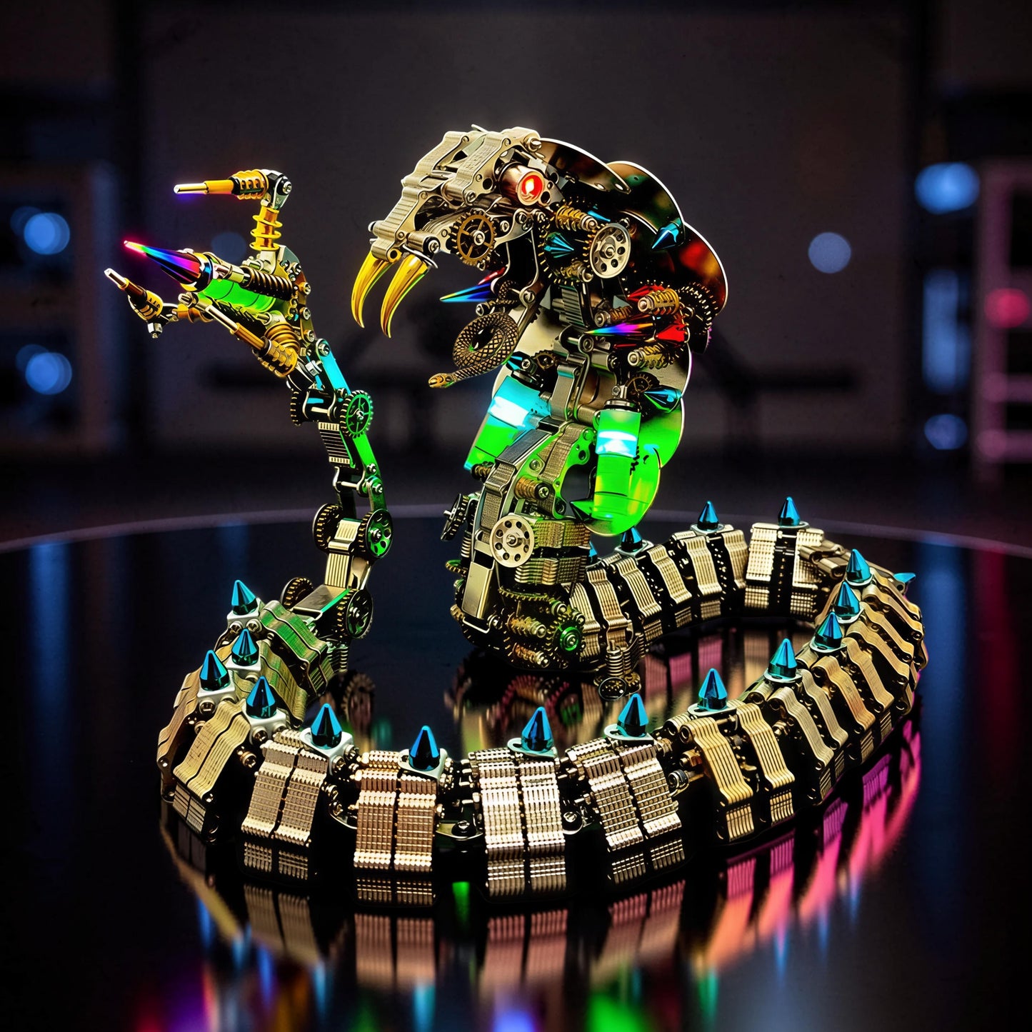 The Curious Mind King Cobra 3D metal model kit, a mechanical serpent with gold fangs, green glowing accents, and blue spikes.