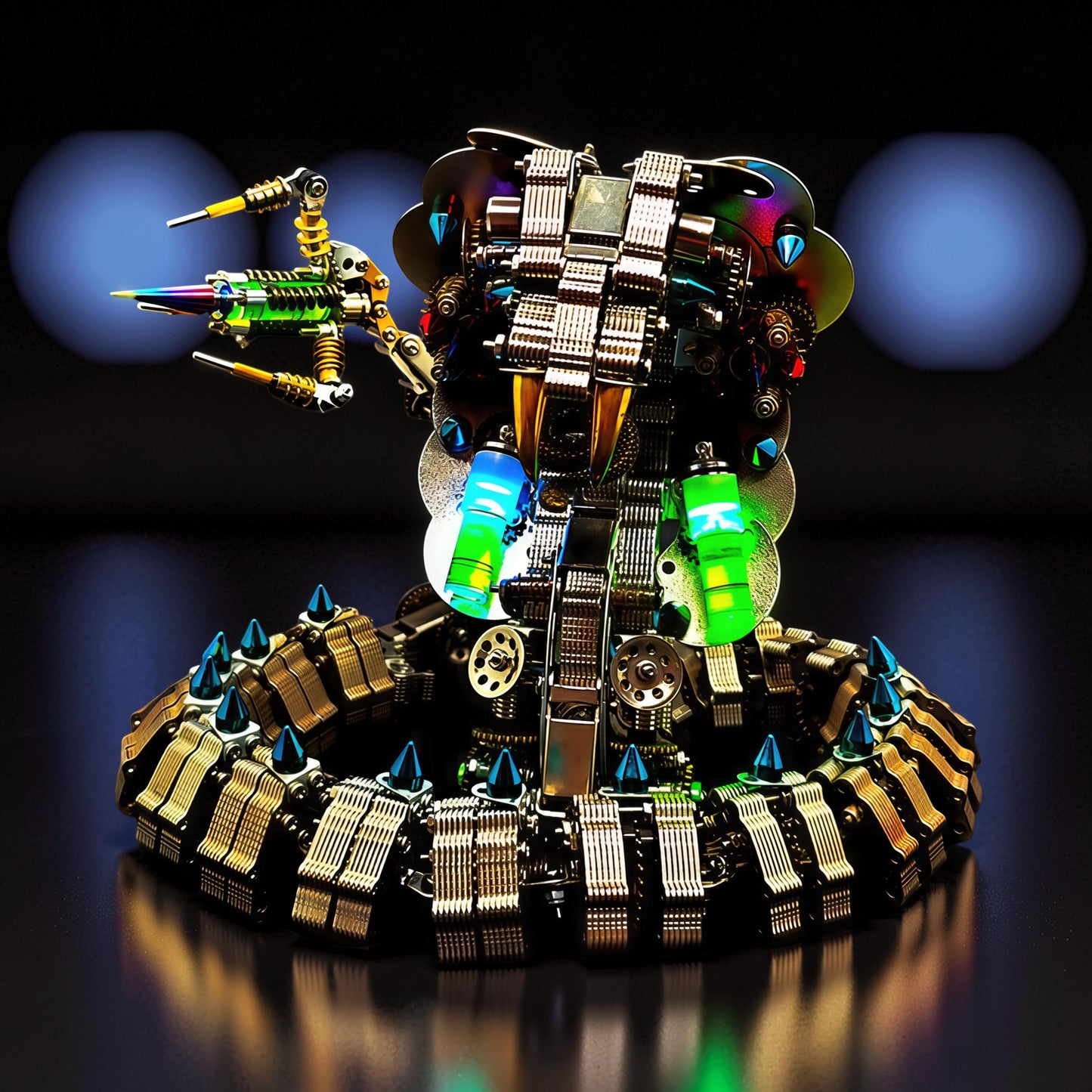 The Curious Mind King Cobra 3D metal model kit, a steampunk-inspired mechanical cobra with intricate gears, iridescent metal scales, and glowing green and blue lights.