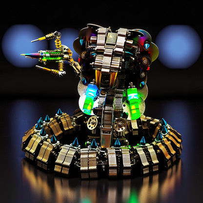 The Curious Mind King Cobra 3D metal model kit, a steampunk-inspired mechanical cobra with intricate gears, iridescent metal scales, and glowing green and blue lights.