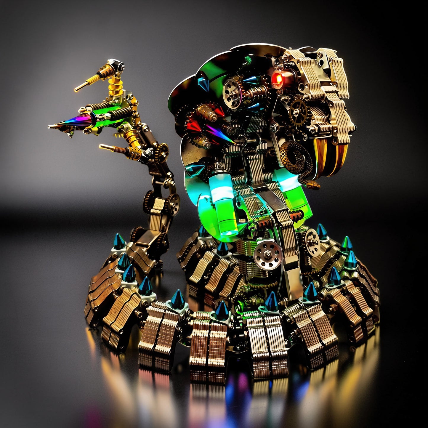 The Curious Mind King Cobra premium 3D metal model kit, intricate steampunk design with green and blue lights.