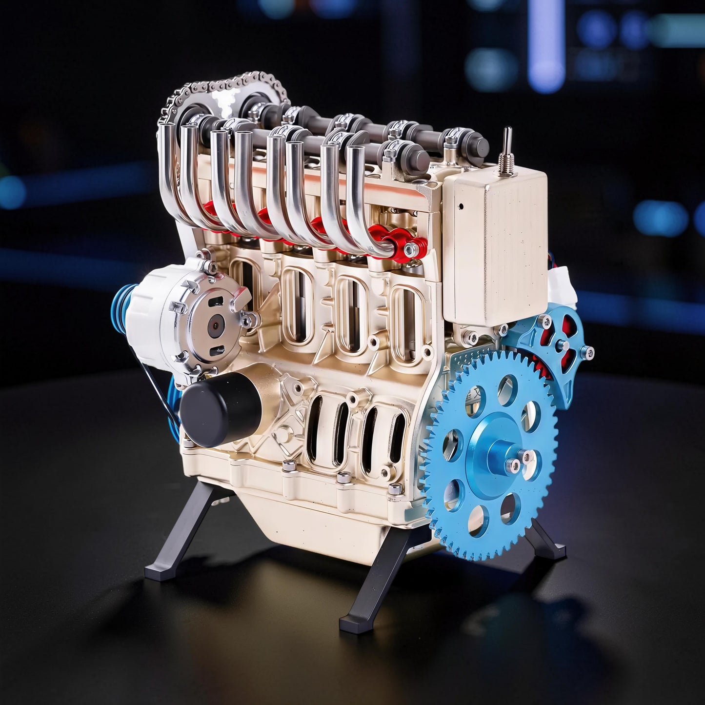 The Curious Mind L4 four-cylinder engine model kit, gold metal construction with blue gear detail, on black stand.