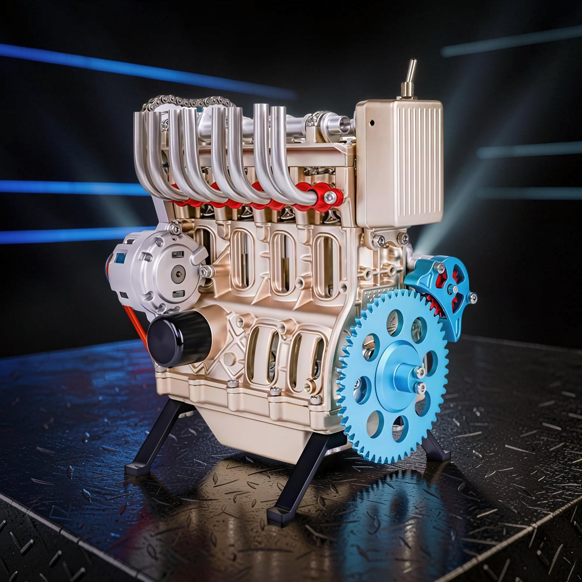 The Curious Mind L4 four-cylinder engine DIY kit, a detailed metal mechanical model with gold finish and blue gear.