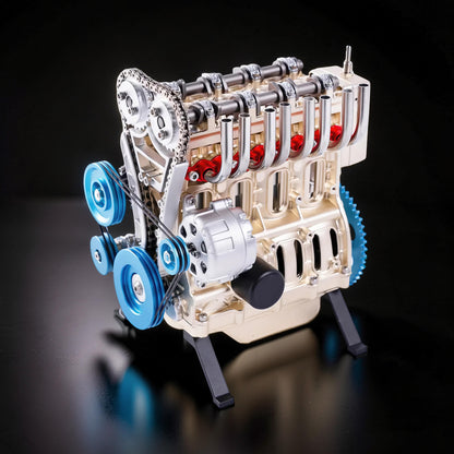 The Curious Mind L4 four-cylinder engine model kit, gold metal construction with blue pulleys and red accents.
