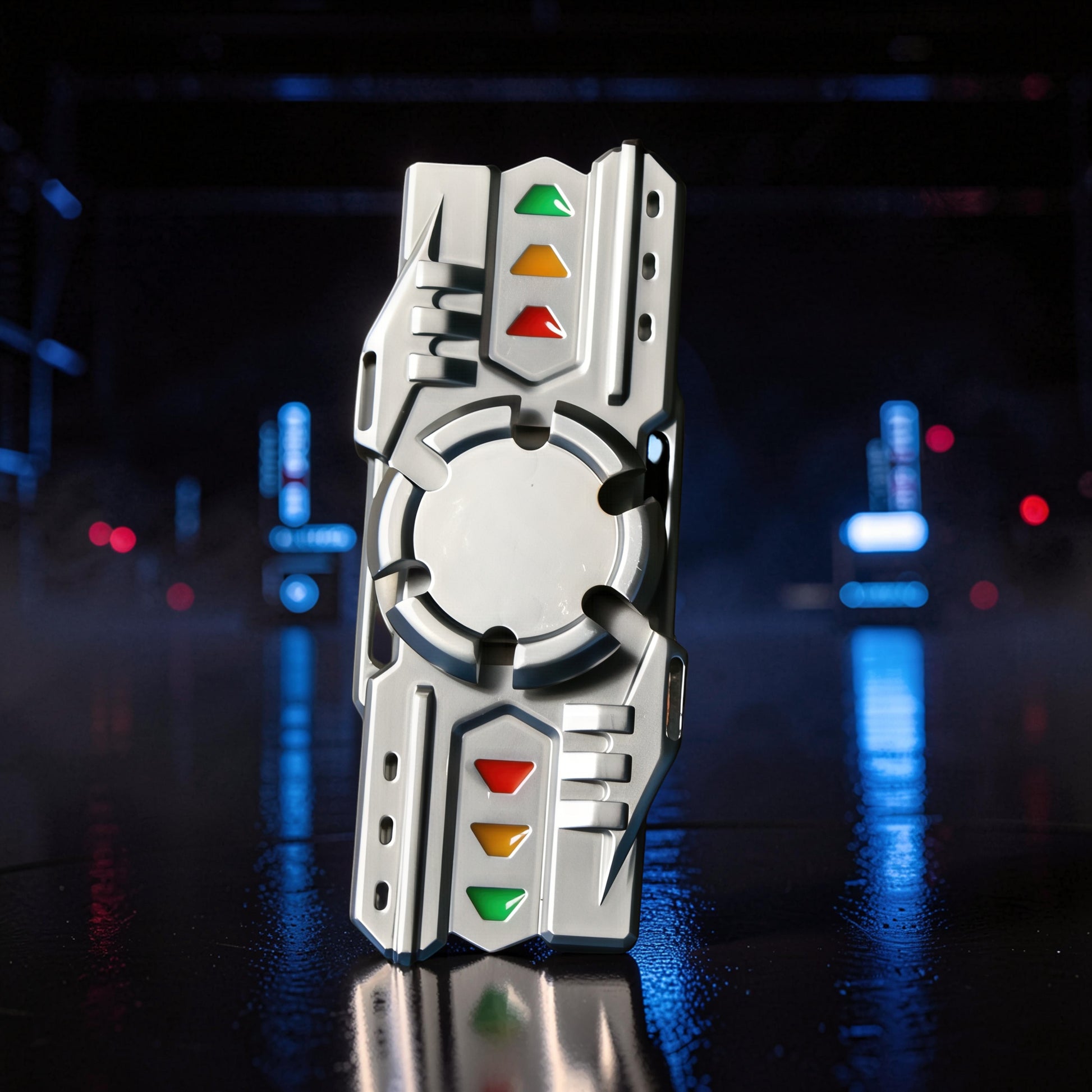 The Curious Mind Laser Cannon Glow Spinner, a futuristic metal fidget toy with red, yellow, and green accents. Balanced for smooth rotation.