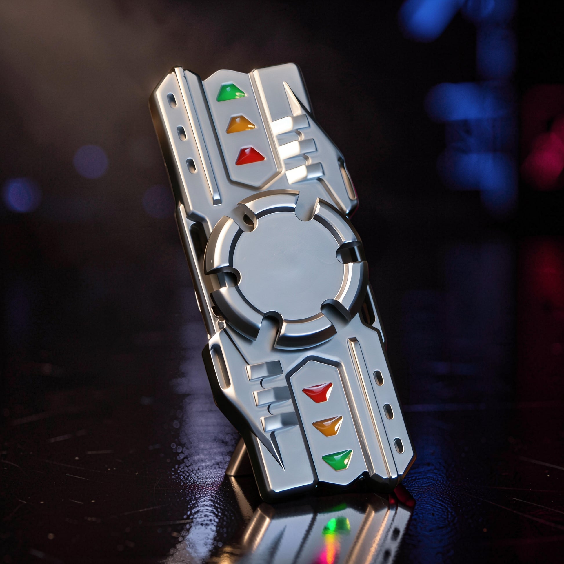 The Curious Mind Laser Cannon Glow Spinner, a futuristic metal fidget spinner with red, yellow, and green light-up accents.