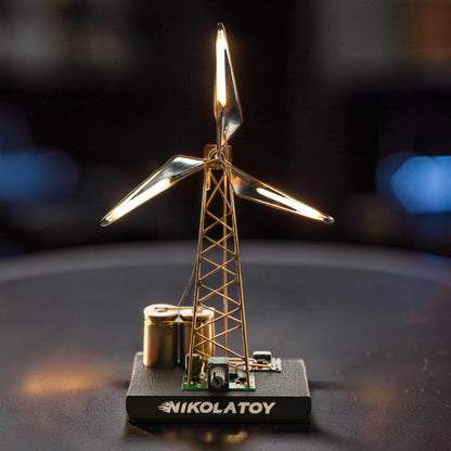 The Curious Mind LED windmill night light with gold-tone frame, black base, and glowing blades. DIY ambient desk lamp.