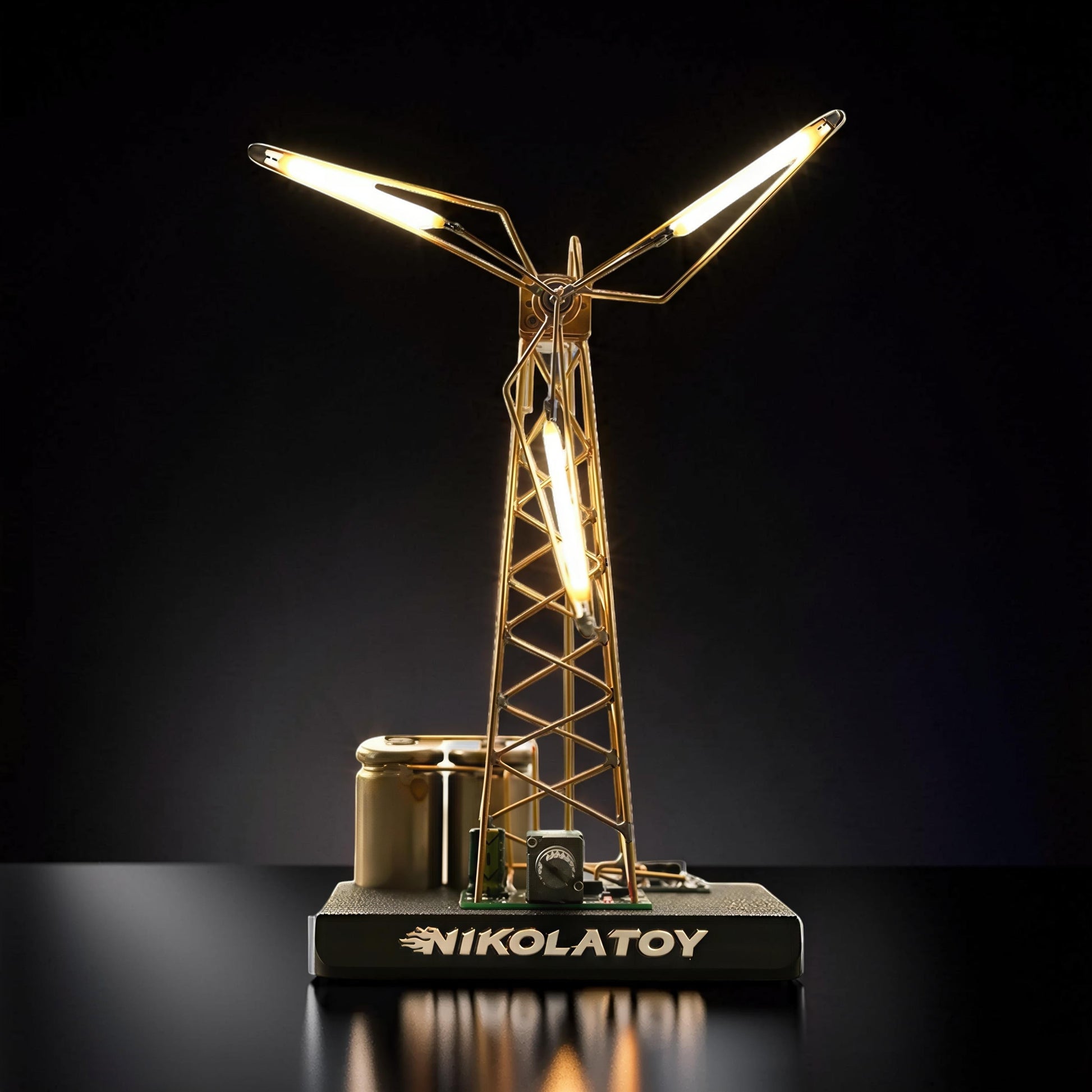 The Curious Mind LED Windmill Night Light, a DIY metal desk lamp with a gold-tone frame and warm yellow LED lights.