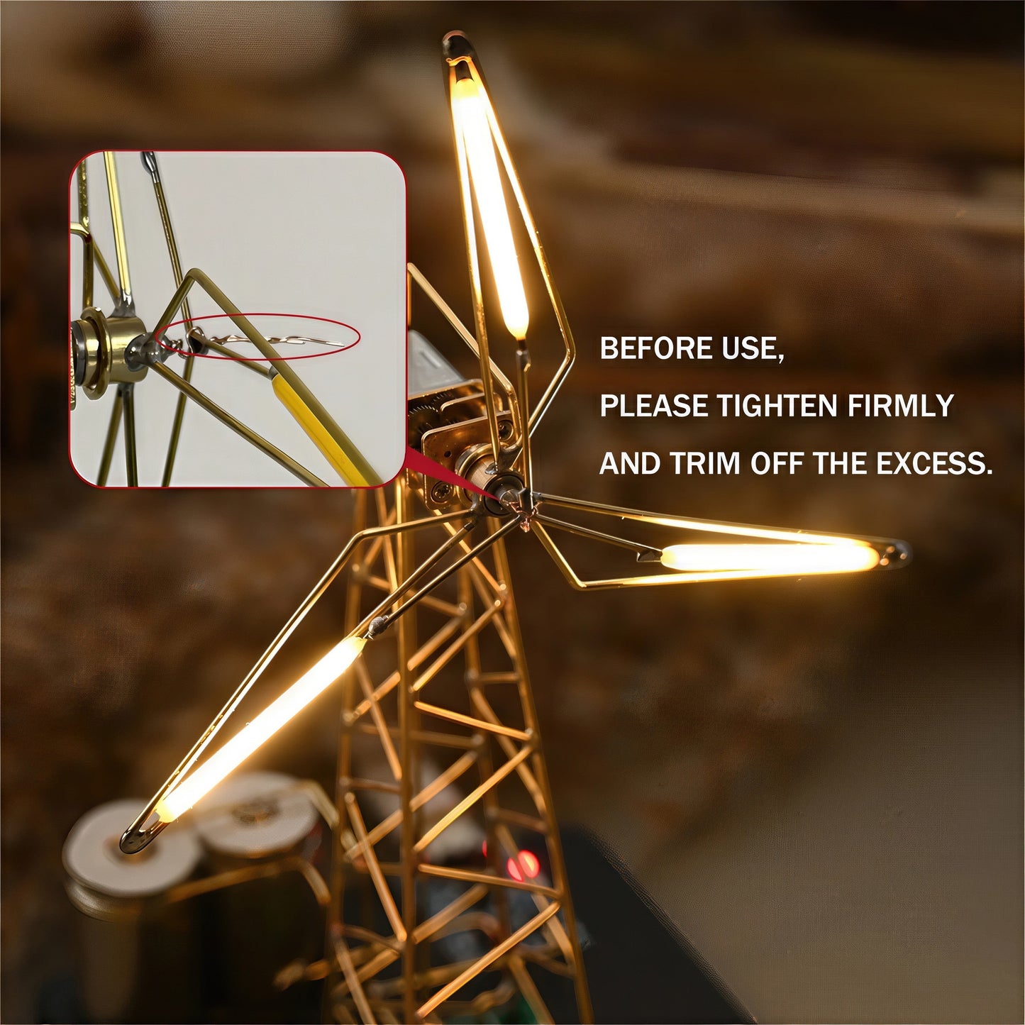 The Curious Mind LED Windmill Night Light, a DIY metal desk lamp with warm yellow lights and intricate detailing. Close-up shows assembly instructions.