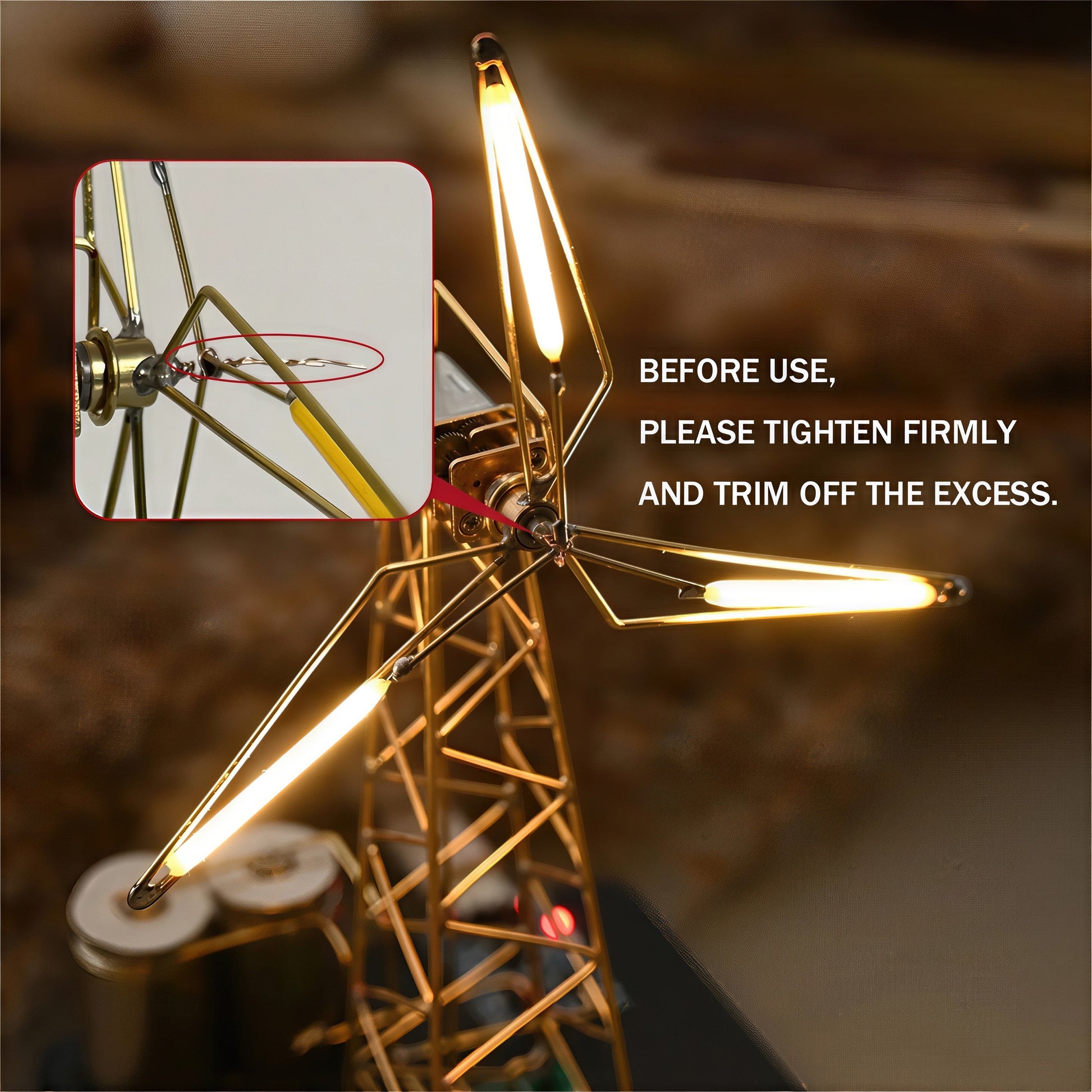 The Curious Mind LED Windmill Night Light, a DIY metal desk lamp with warm yellow lights and intricate detailing. Close-up shows assembly instructions.