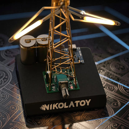 The Curious Mind LED Windmill Night Light, a DIY metal desk lamp with illuminated blades and exposed circuitry.