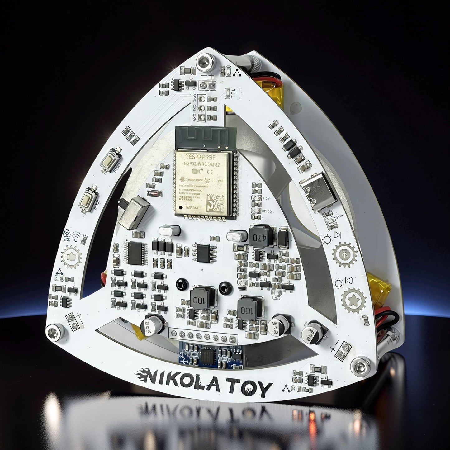 The Curious Mind Self-Balancing Lelo Triangle Kinetic Desk Toy with ESP32 module and intricate circuitry.