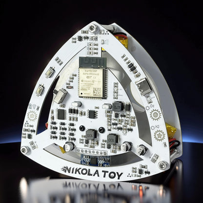 The Curious Mind Self-Balancing Lelo Triangle Kinetic Desk Toy with ESP32 module and intricate circuitry.