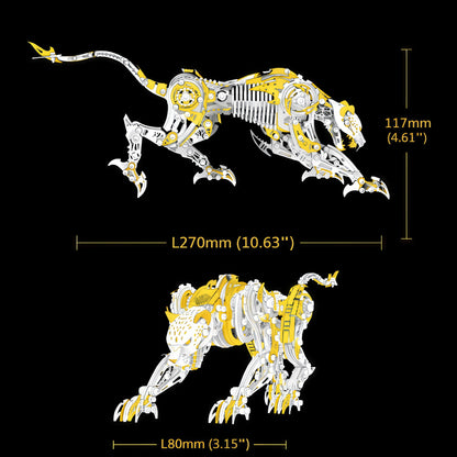 The Curious Mind Leopard 3D metal model kit, intricate mechanical design with yellow and silver accents, detailed articulation, displayed in a stalking pose.