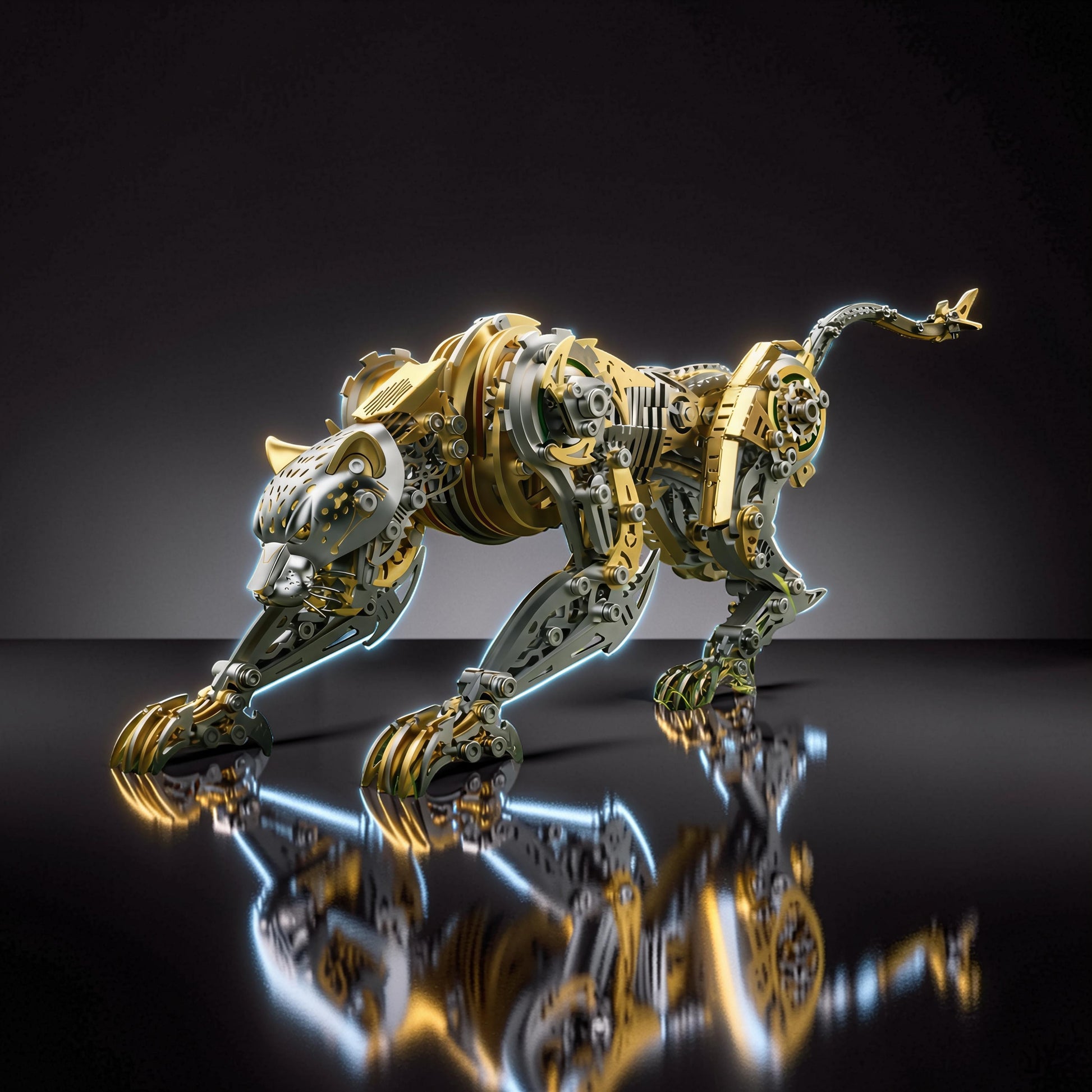 The Curious Mind Leopard 3D metal model kit, a steampunk-inspired mechanical big cat with intricate gears and metallic finishes in gold and silver.
