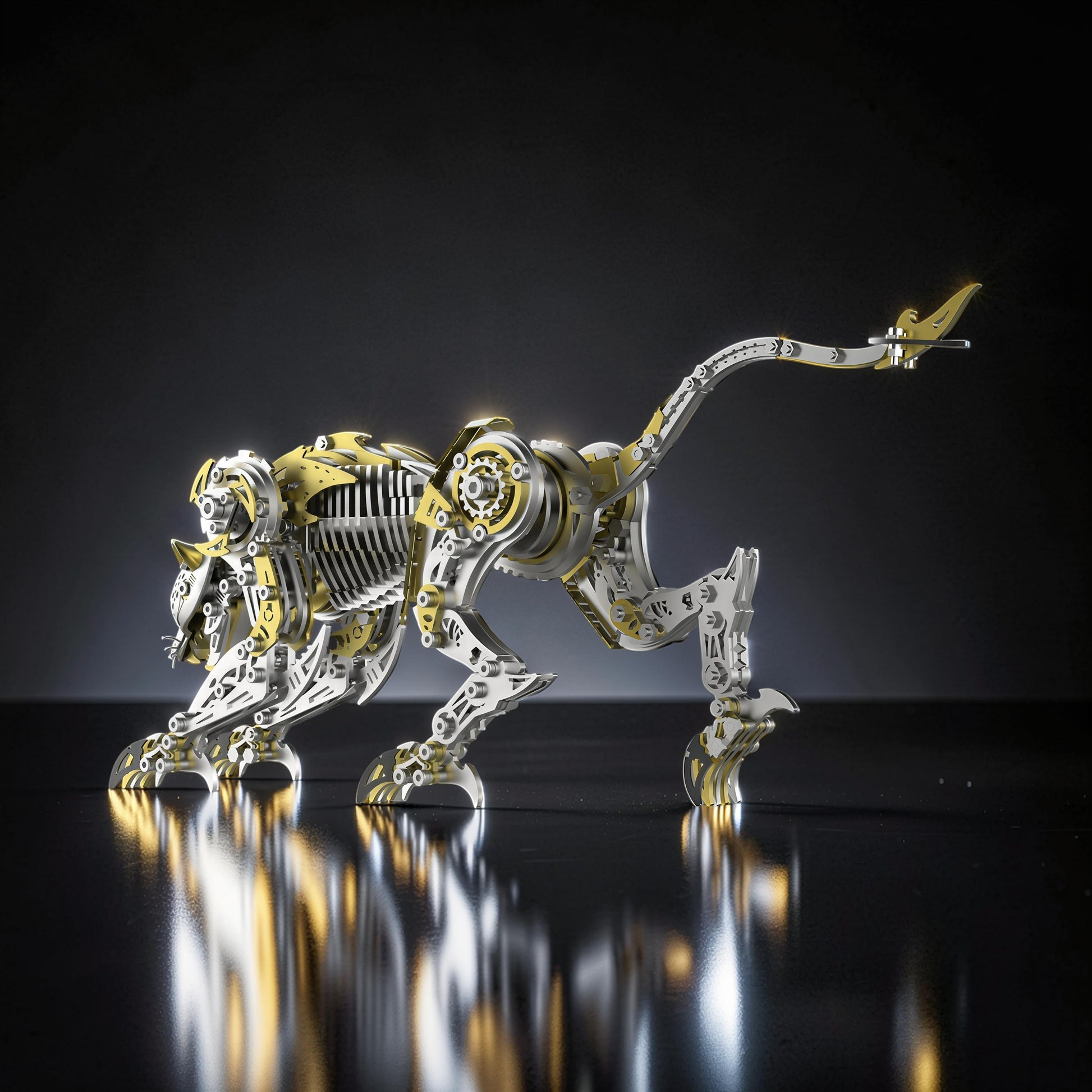 The Curious Mind Leopard 3D metal model kit with intricate gears and metallic finish. Steampunk-inspired mechanical animal sculpture.