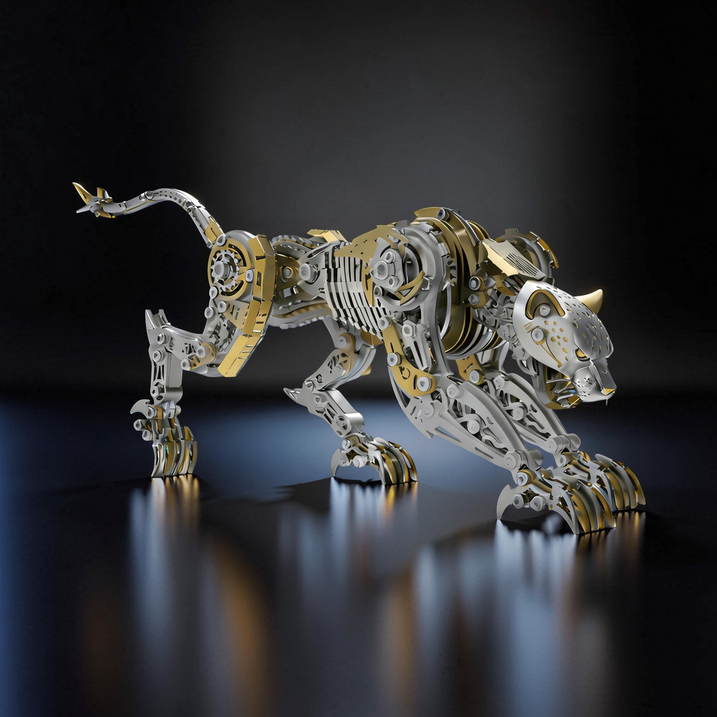 The Curious Mind Leopard premium 3D metal model kit, a detailed steampunk-inspired mechanical sculpture in silver and gold.