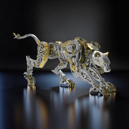 The Curious Mind Leopard premium 3D metal model kit, a detailed steampunk-inspired mechanical sculpture in silver and gold.