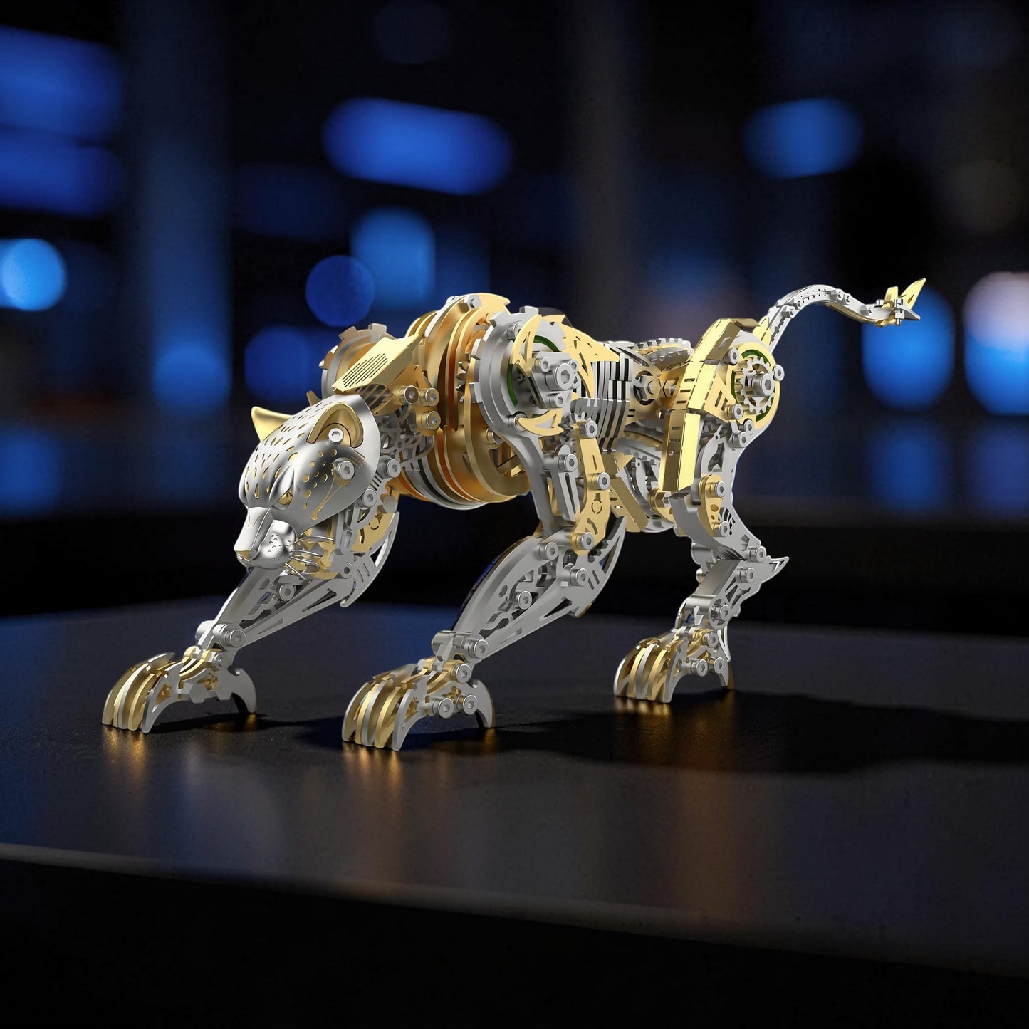 The Curious Mind Leopard 3D metal model kit, intricate mechanical design with gold and silver metallic finishes.