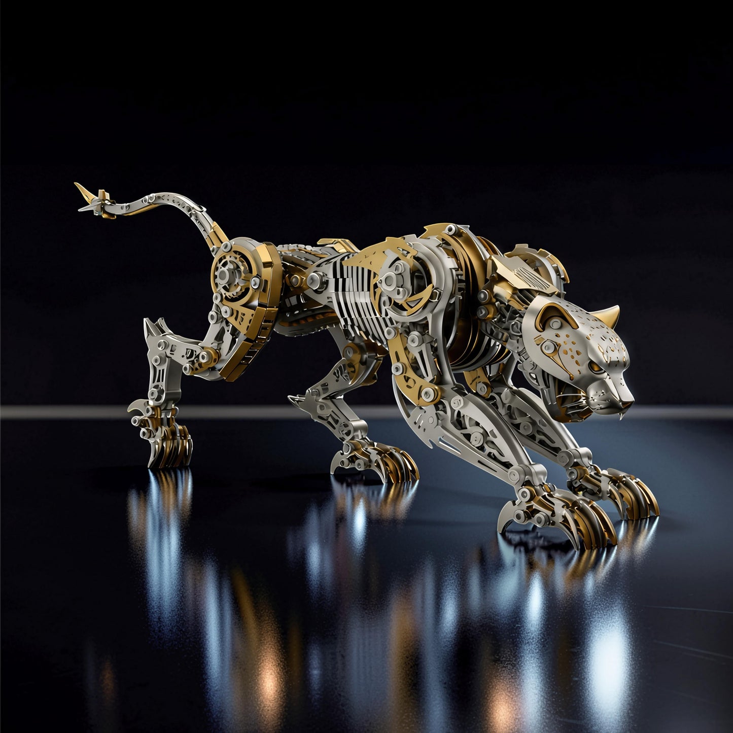 The Curious Mind Leopard 3D metal model kit, a steampunk-inspired mechanical sculpture with intricate gears and joints in silver and gold.