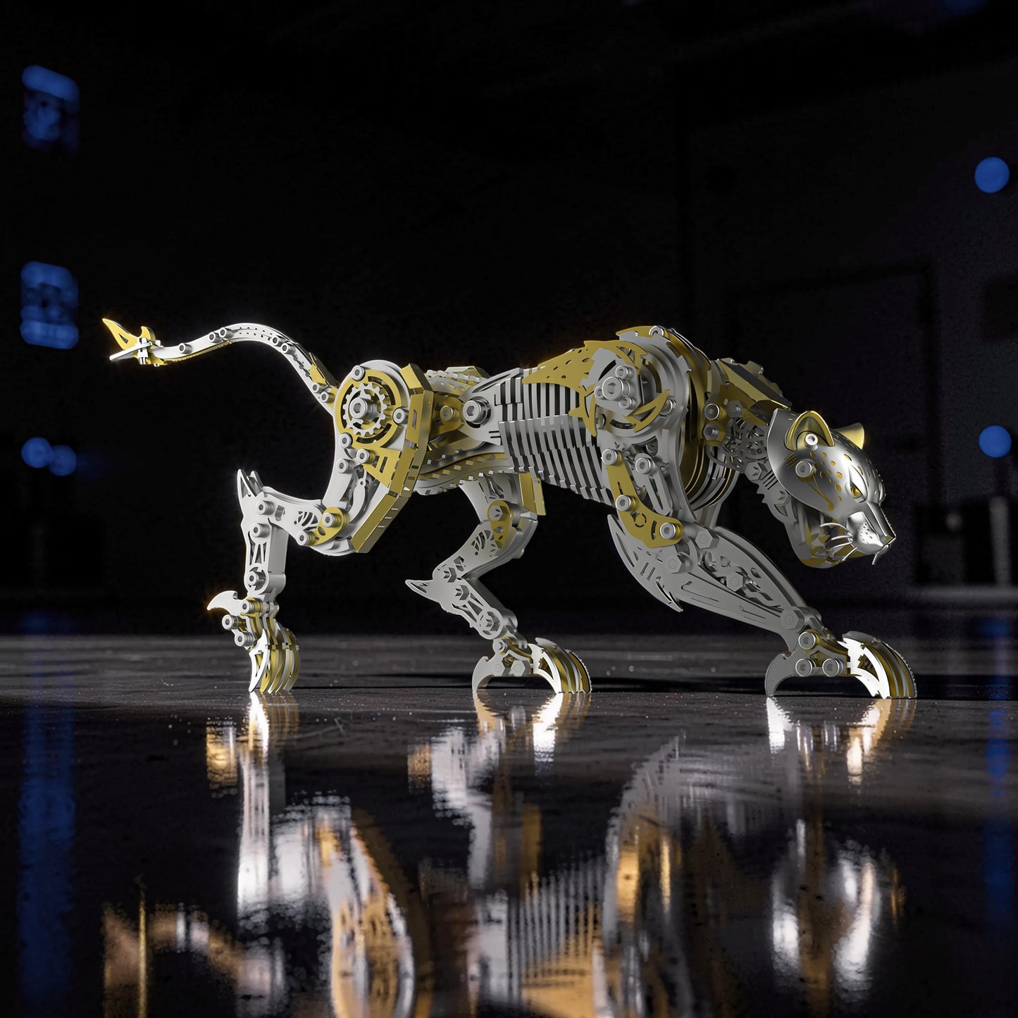 The Curious Mind Leopard 3D metal model kit, intricate mechanical design with silver and gold accents, detailed steampunk style.