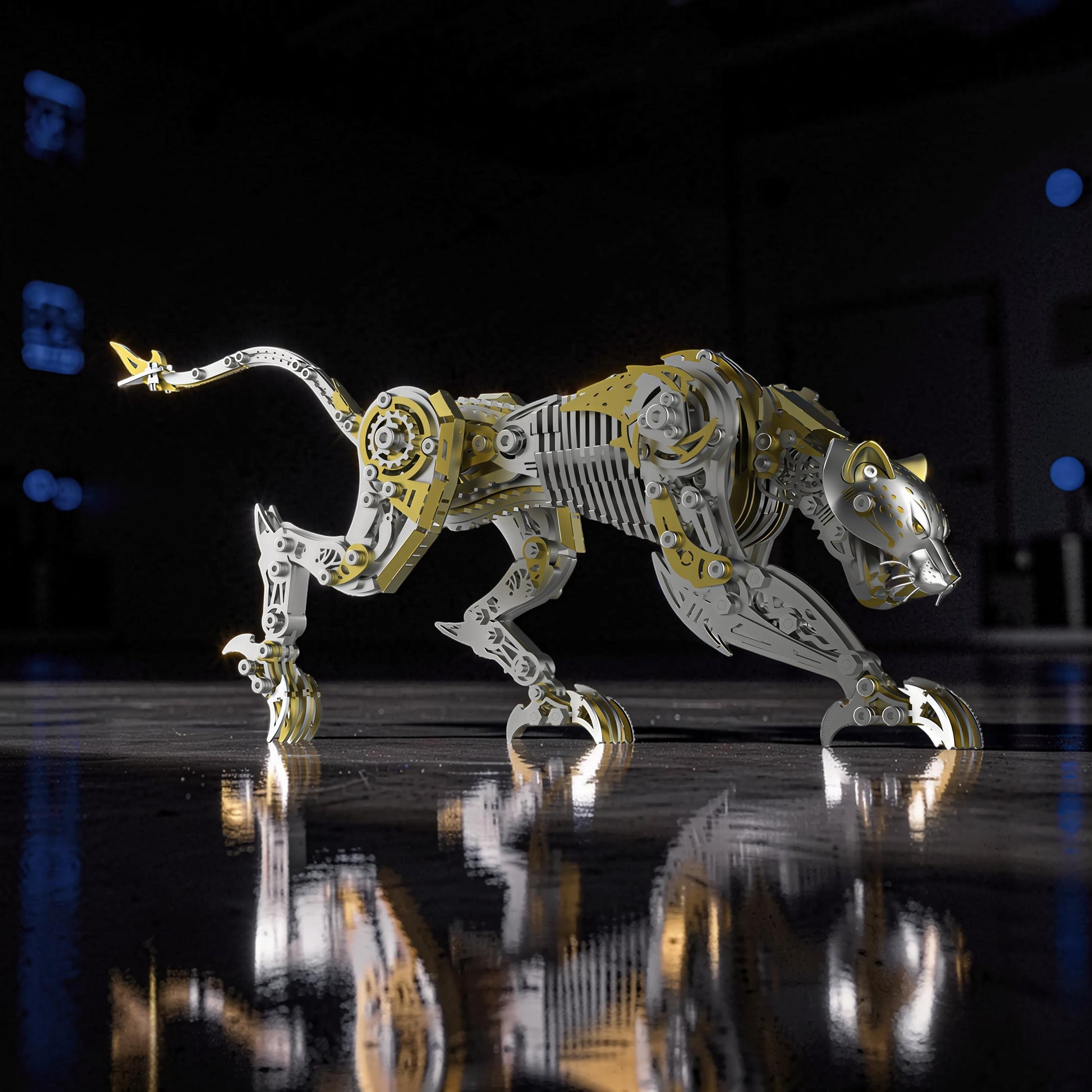 The Curious Mind Leopard 3D metal model kit, intricate mechanical design with silver and gold accents, detailed steampunk style.