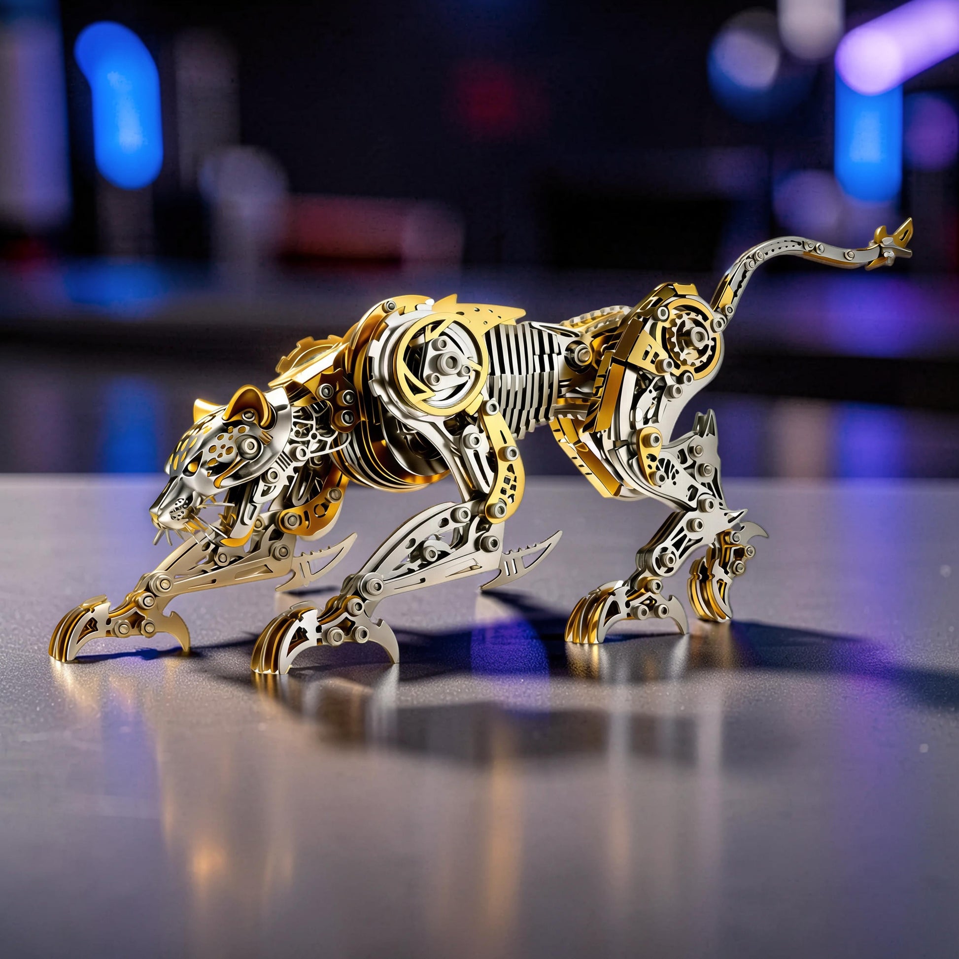 The Curious Mind Leopard premium 3D metal model kit, featuring intricate gears and metallic gold and silver finishes.