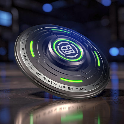 The Curious Mind Long Glow Bar Spinner, a premium metal EDC fidget toy with green glowing accents and engraved text.