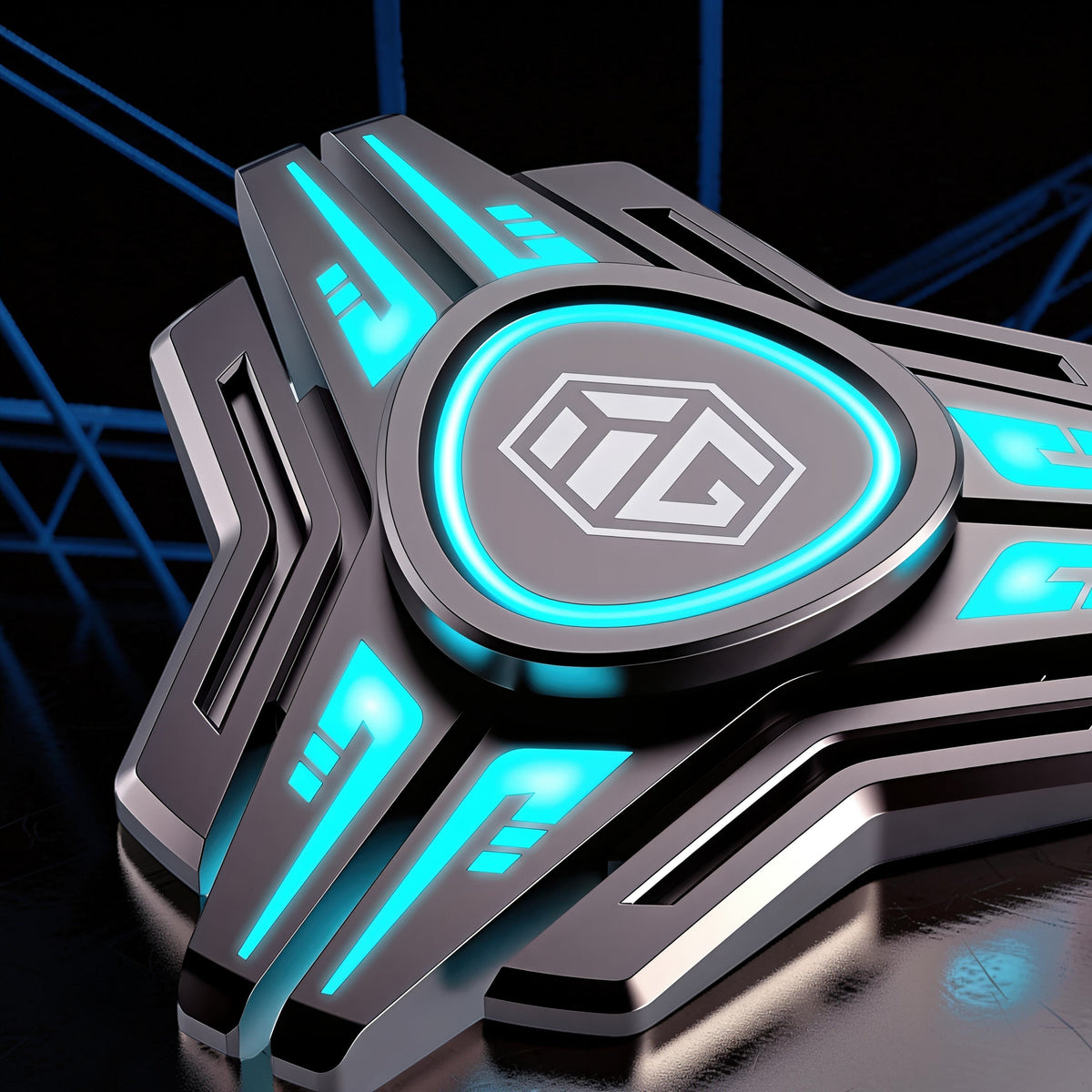 The Curious Mind Luminous Blade metal spinner with blue glowing accents and a central logo.