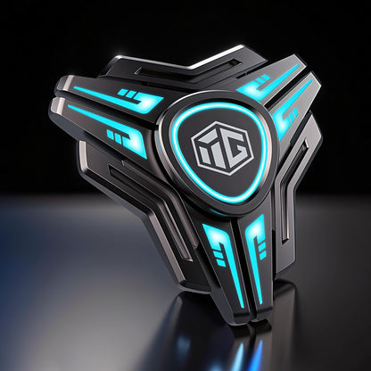 The Curious Mind Luminous Blade metal spinner with blue glowing accents and a central logo.