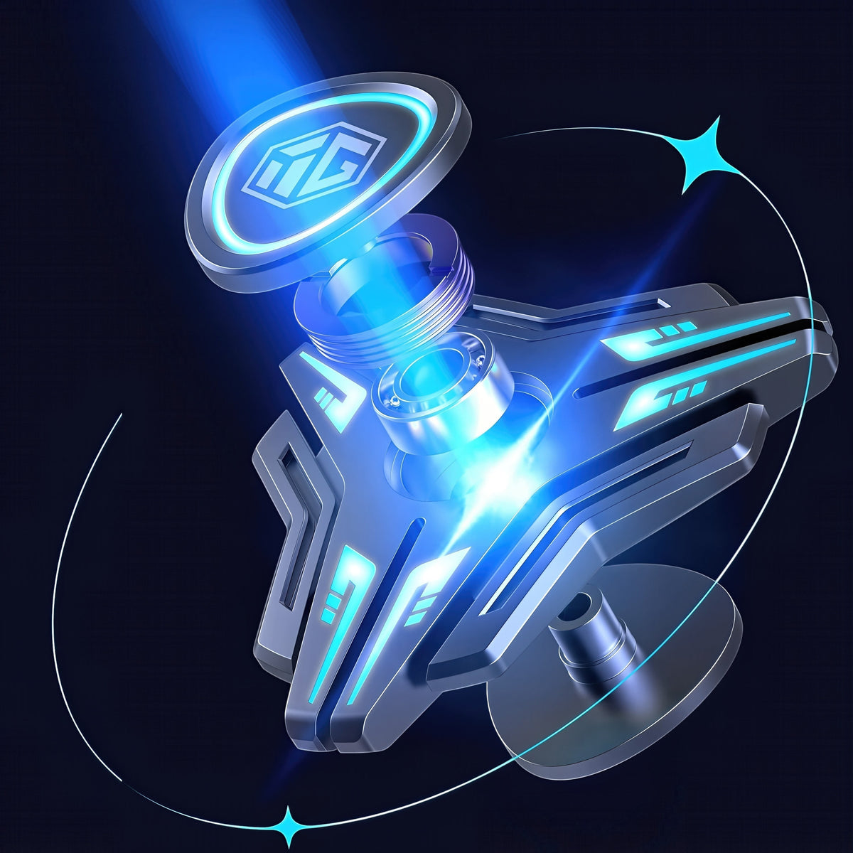 The Curious Mind Luminous Blade metal spinner with blue LED lights and a central bearing. Futuristic design for focus and display.