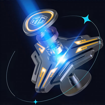 The Curious Mind Luminous Blade metal spinner with glowing orange accents and blue light effects. Features a central bearing and logo.