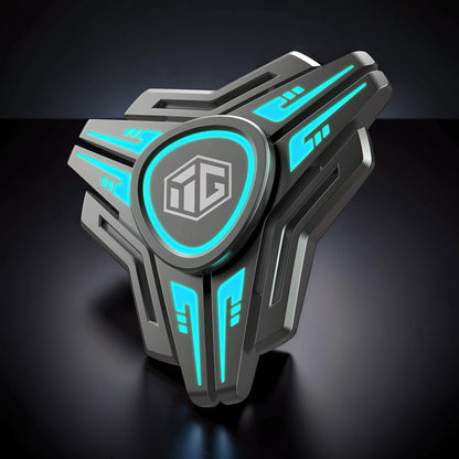 The Curious Mind Luminous Blade metal spinner with glowing blue accents and a central logo.