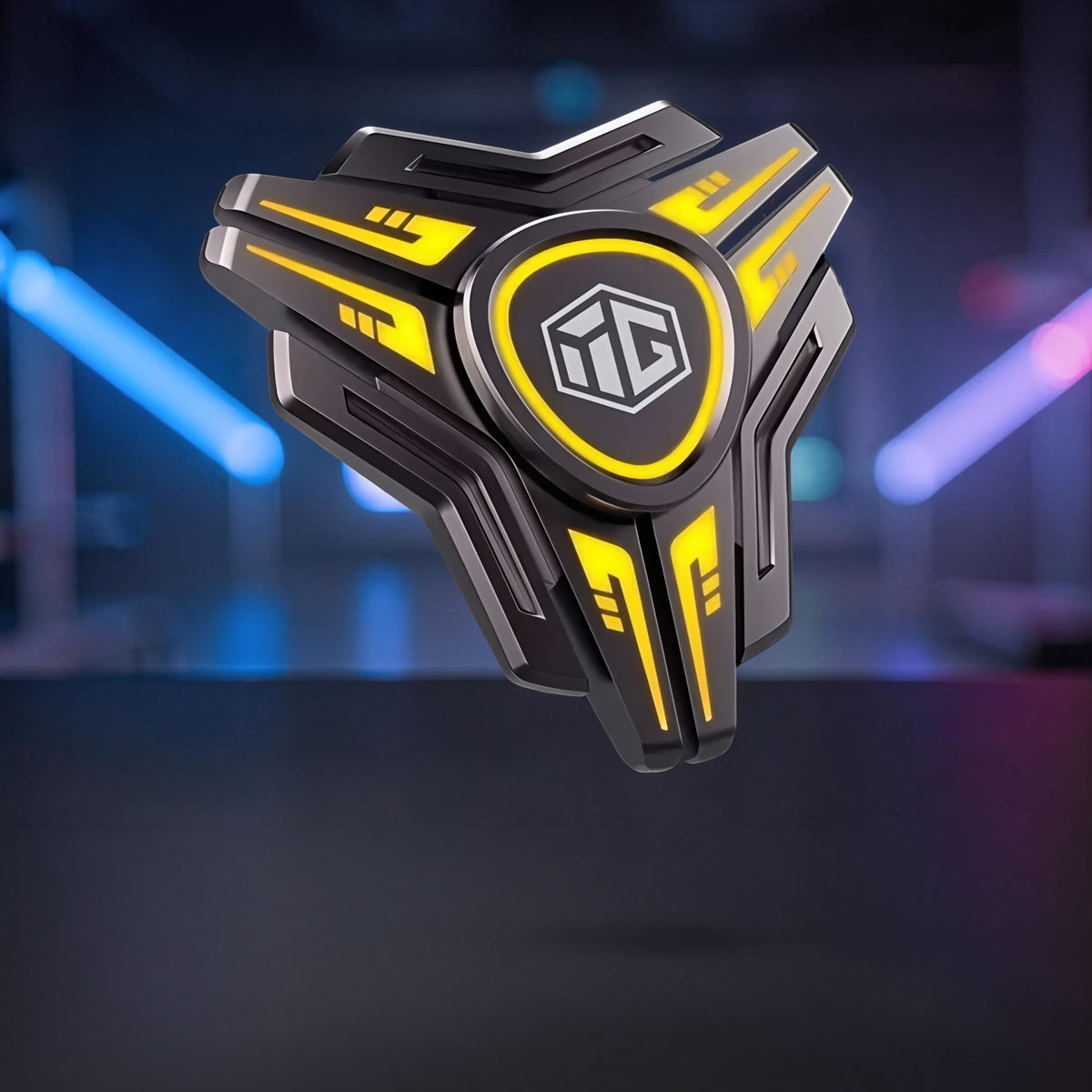 The Curious Mind Luminous Blade metal spinner with black and yellow accents, featuring a central logo and glowing details.