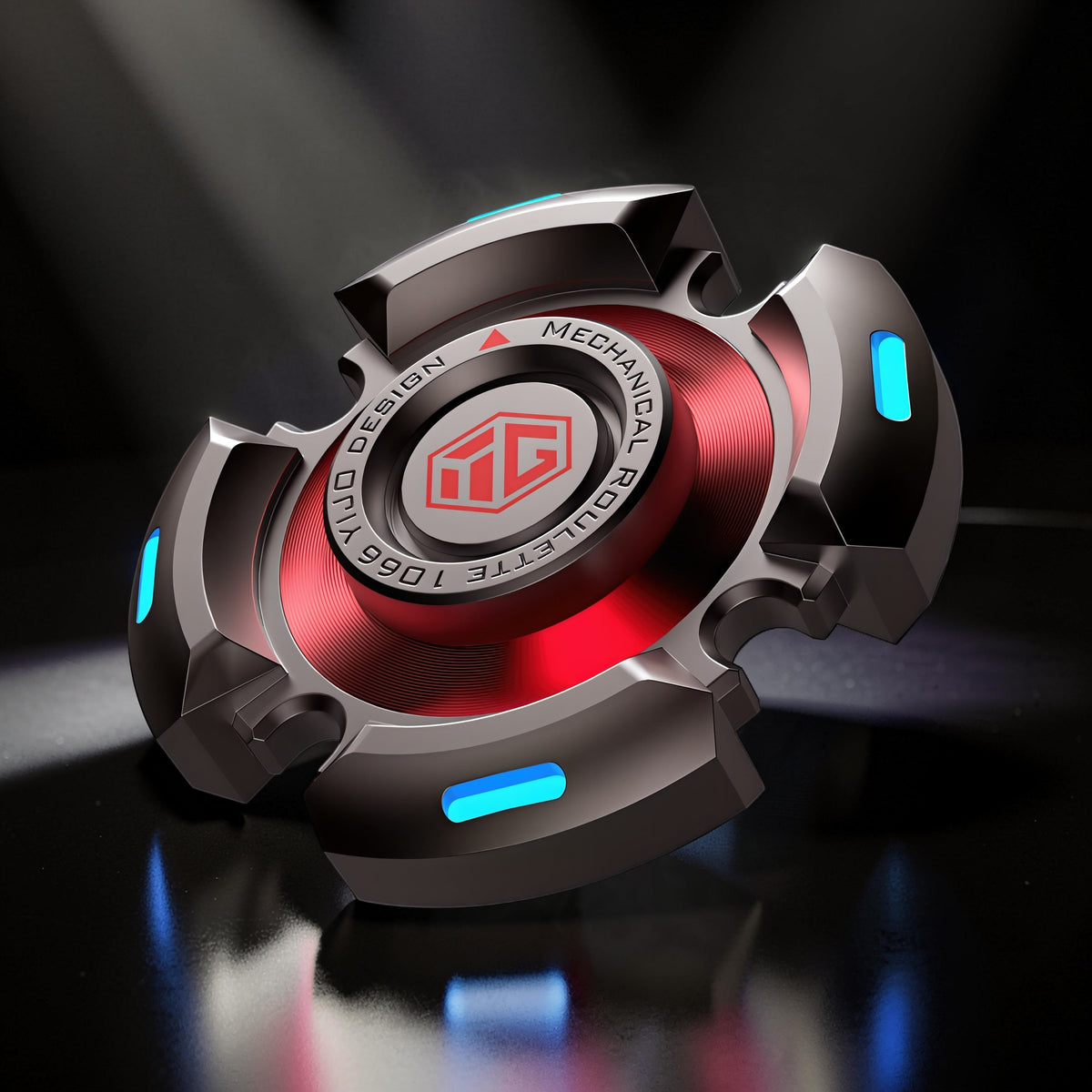 The Curious Mind high-speed luminous star spinner, a metal fidget toy with red and blue LED lights, designed for focus and play.