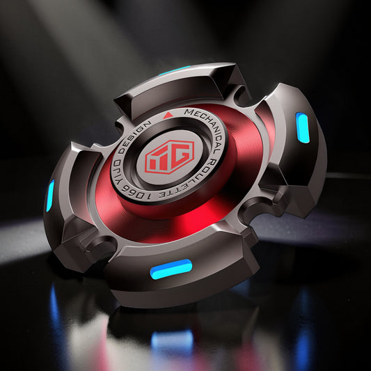 The Curious Mind high-speed luminous star spinner, a metal fidget toy with red and blue LED lights, designed for focus and play.