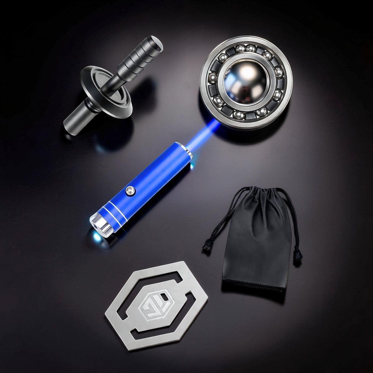 The Curious Mind High-Speed Luminous Star Spinner metal fidget toy with blue laser light, bearing, and accessories.
