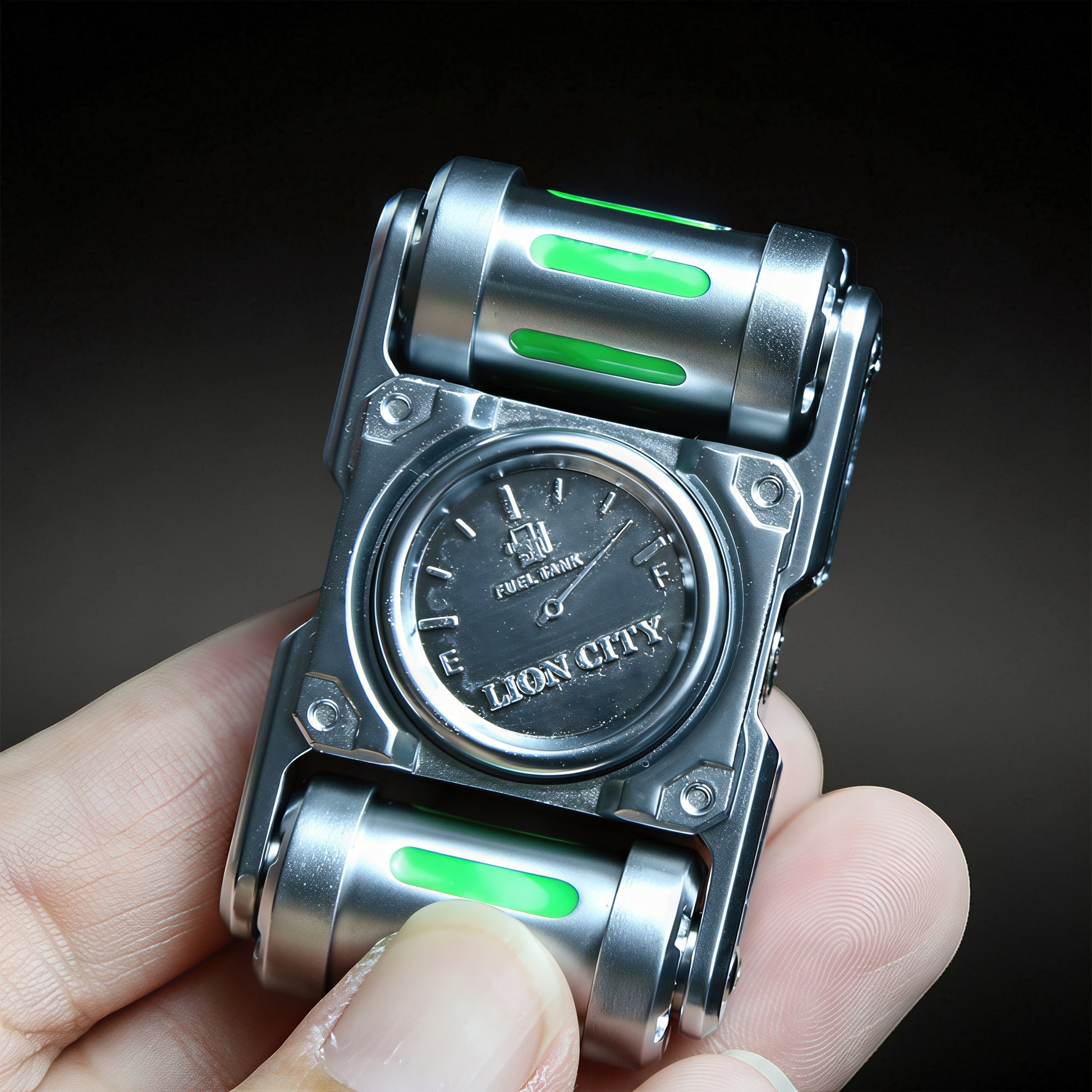 The Curious Mind Luminous Tank Metal Spinner with gauge and green glowing accents, held in hand.