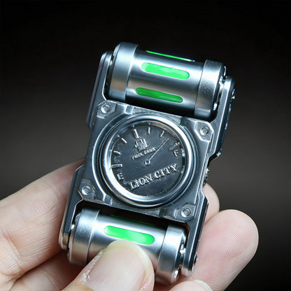 The Curious Mind Luminous Tank Metal Spinner with gauge and green glowing accents, held in hand.