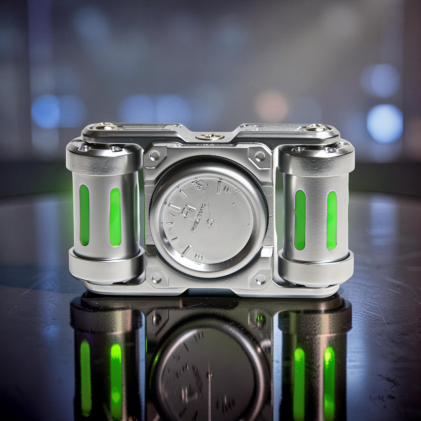 The Curious Mind Luminous Tank Metal Spinner with green glowing accents and a central bearing. Tactile fidget toy.