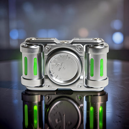 The Curious Mind Luminous Tank Metal Spinner with green glowing accents and a central bearing. Tactile fidget toy.