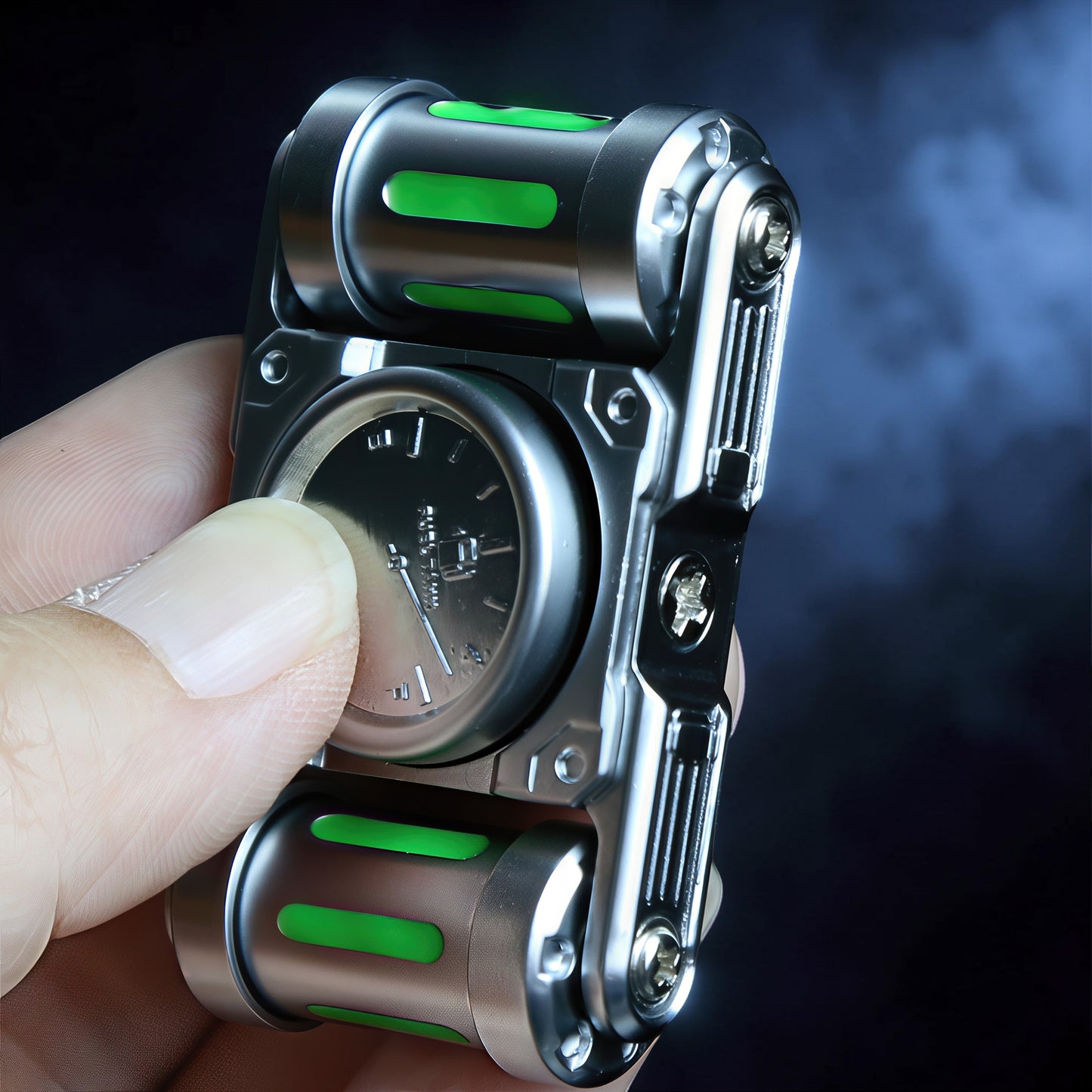 The Curious Mind Luminous Tank Metal Spinner with green glowing accents and a watch-like face, held in a hand.